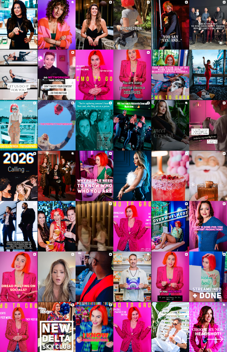 Instagram feed grid for @chelseapatriciaphoto showing commercial portrait, brand, and production work