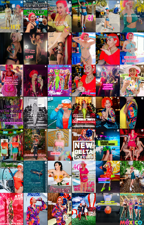 Instagram feed grid for @chelseapatricia showing colorful lifestyle, fashion, and travel posts