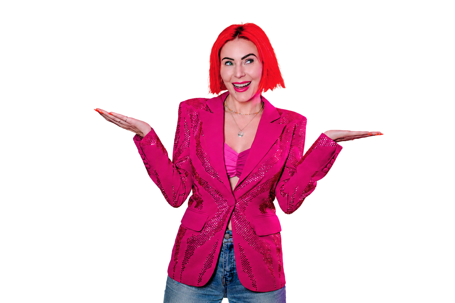 Chelsea Patricia in a hot pink sequined blazer, smiling with both hands open and presenting